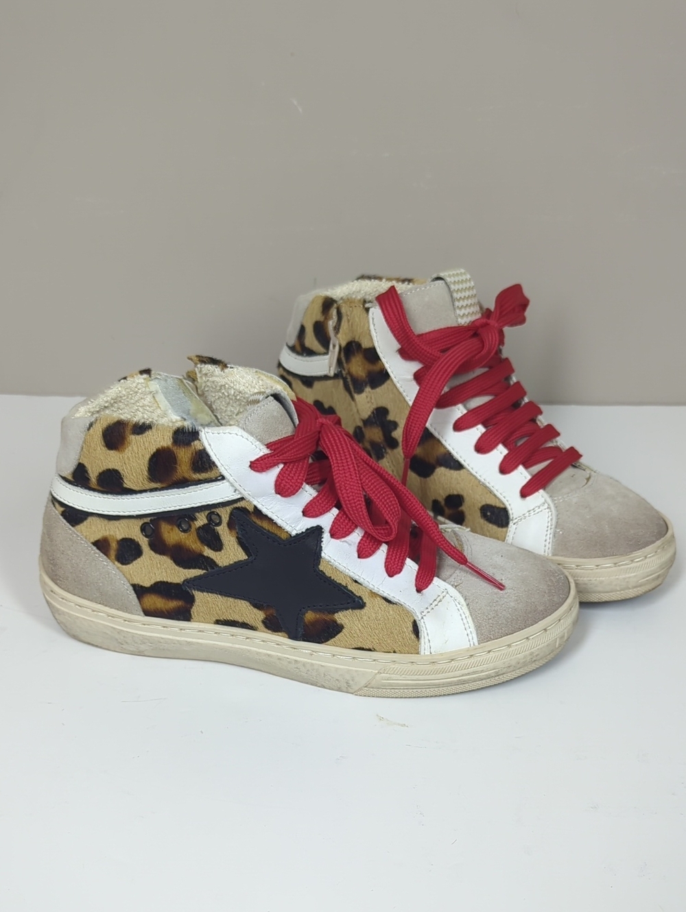 Piranha Leather FurLeopard Print High-Top Sneakers with Red Laces